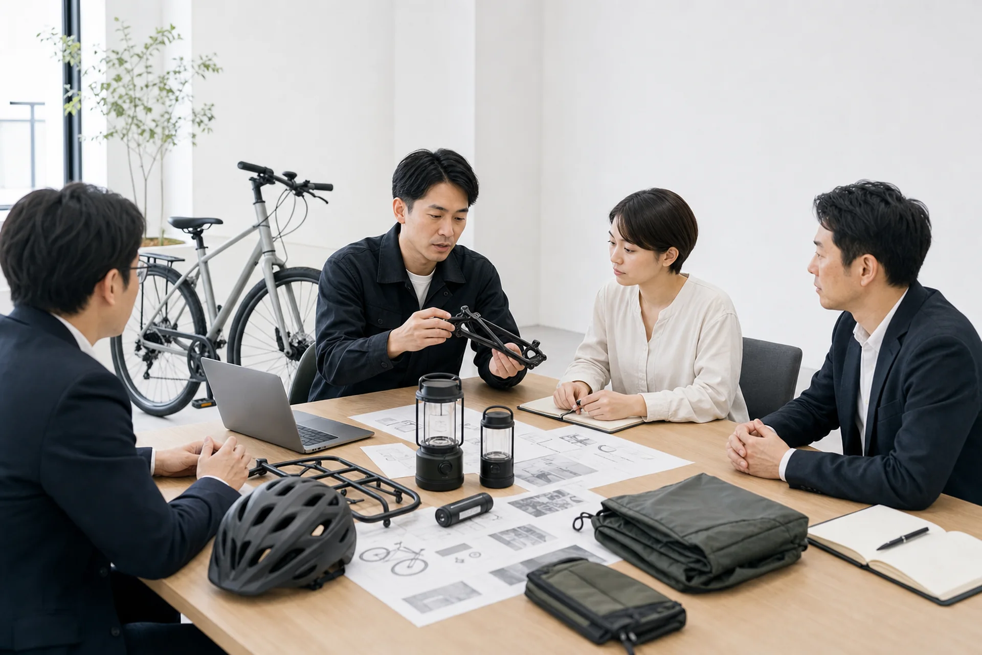 自転車部品とアウトドア用品を整理して出荷確認する物流担当者