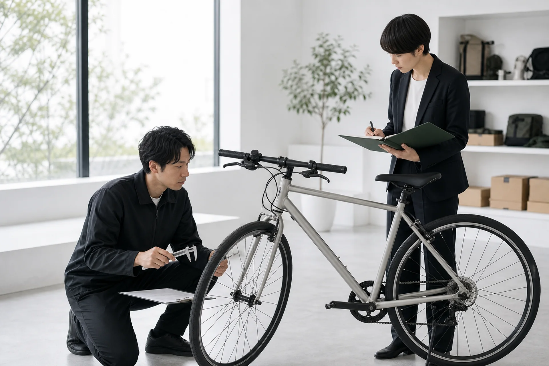 自転車サンプルを確認するOEM企画担当者