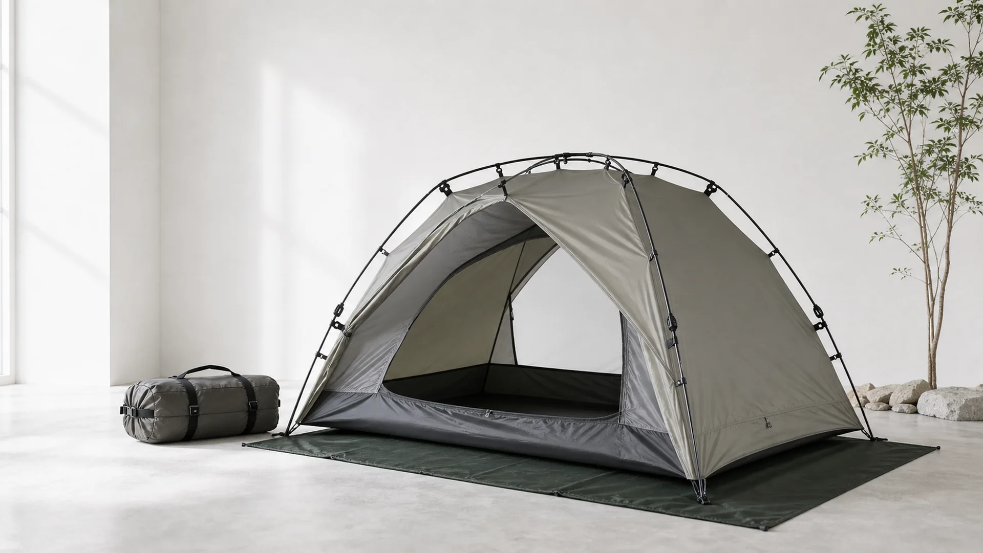明るい空間に並べられたキャンプと釣り向けのアウトドア用品